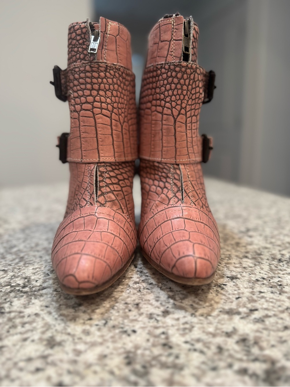 Freebird Croc-Embossed Dusty Rose Ankle Boots